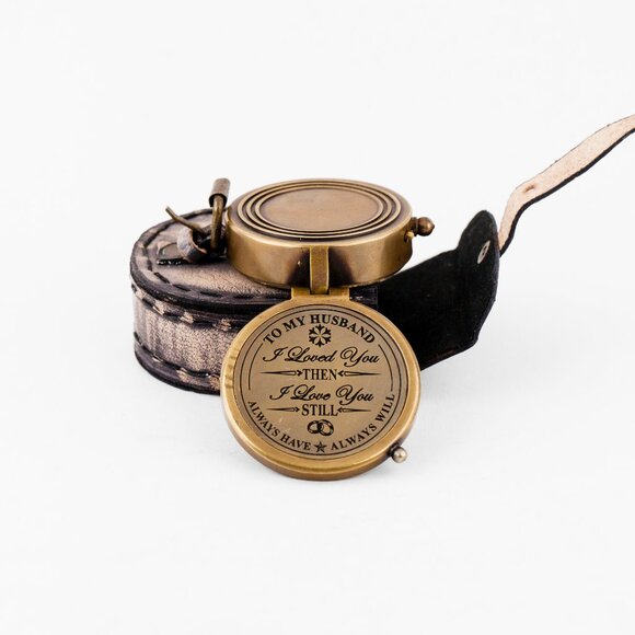 TO MY HUSBAND Brass Working Compass with 2-Inch Leather Cover Gift for Him - Picture 15 of 16